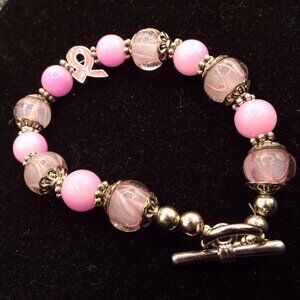 BARBIE PINK ARTGLASS BREAST CANCER RIBBON SILVER CAPPED BEADS BRACELET 20